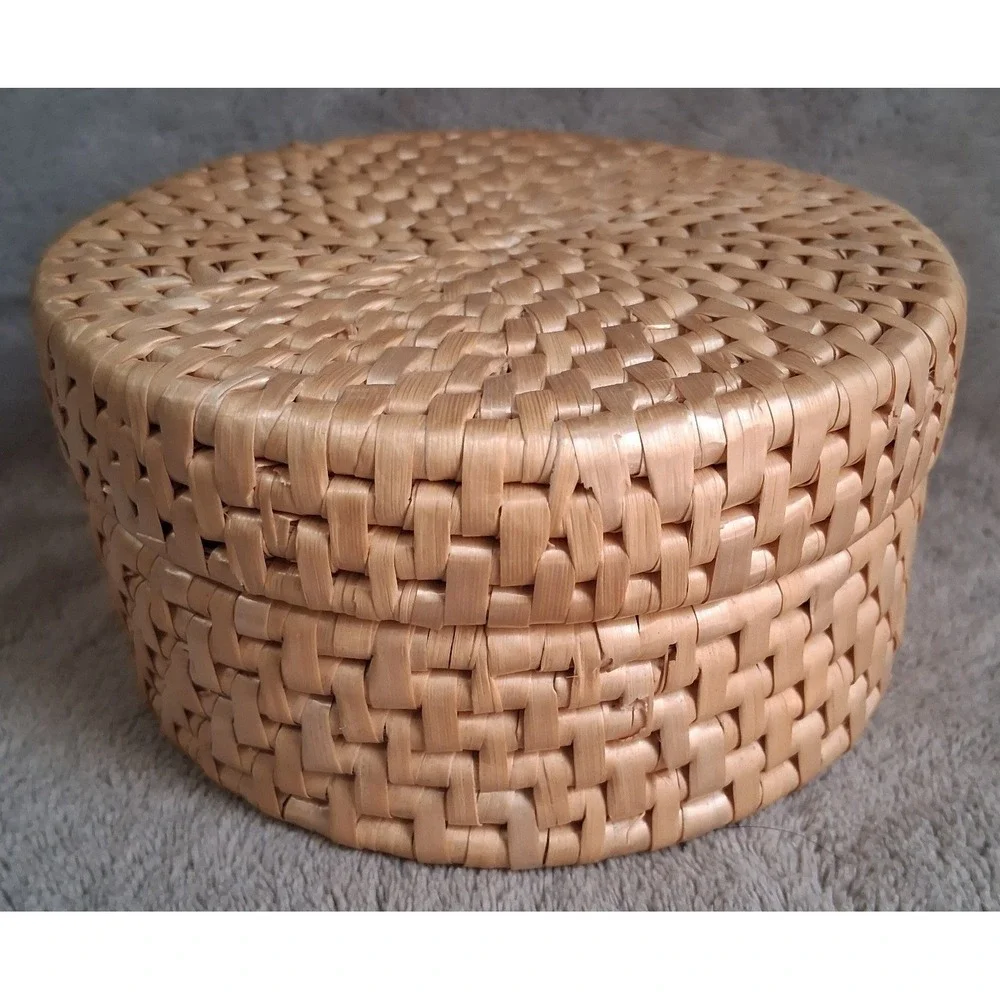 Vintage Handwoven Rattan Coaster Set of 6 with Round Lidded Basket Holder Boho